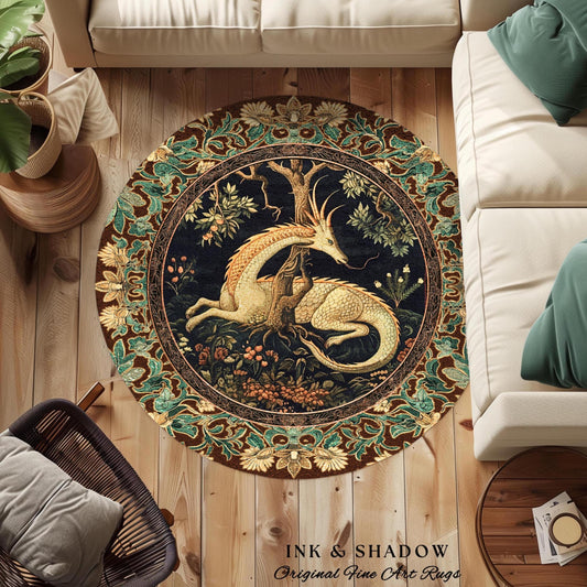 Renaissance Dragon Round Area Rug Forestcore Victorian Gothic Charm | Antique Baroque Style Enchanted Medieval Fantasy Cottagecore Woodland