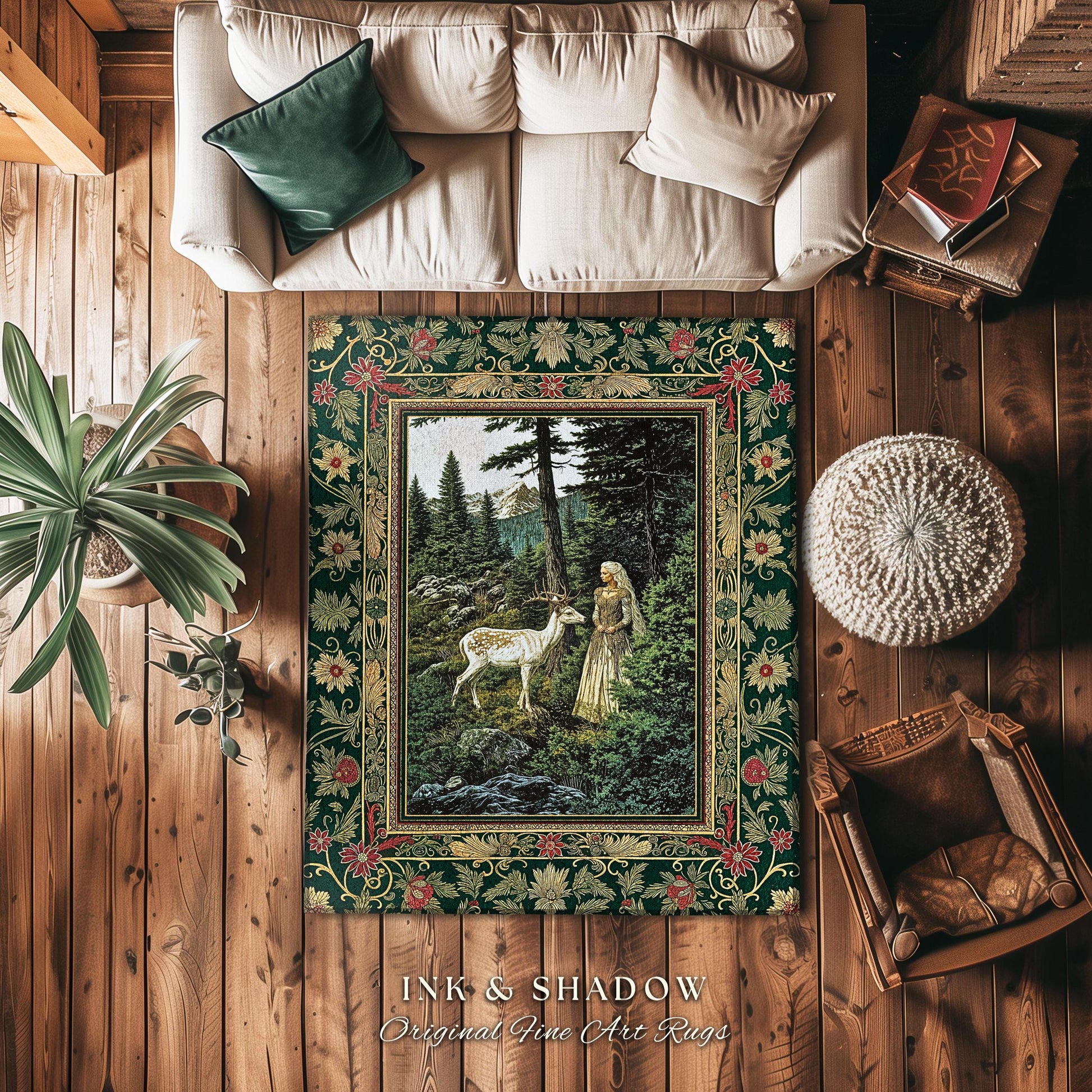 Fairytale Forest Fantasy Bedroom Rug | Woodland Whimsy Nymph Area Rug Emerald Green Dark Fairycore Romantic Victorian Gothic Home Accent |
