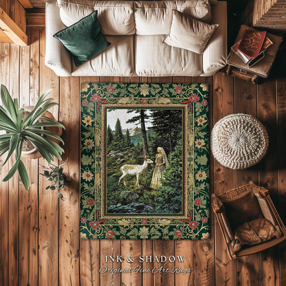 Fairytale Forest Fantasy Bedroom Rug | Woodland Whimsy Nymph Area Rug Emerald Green Dark Fairycore Romantic Victorian Gothic Home Accent |
