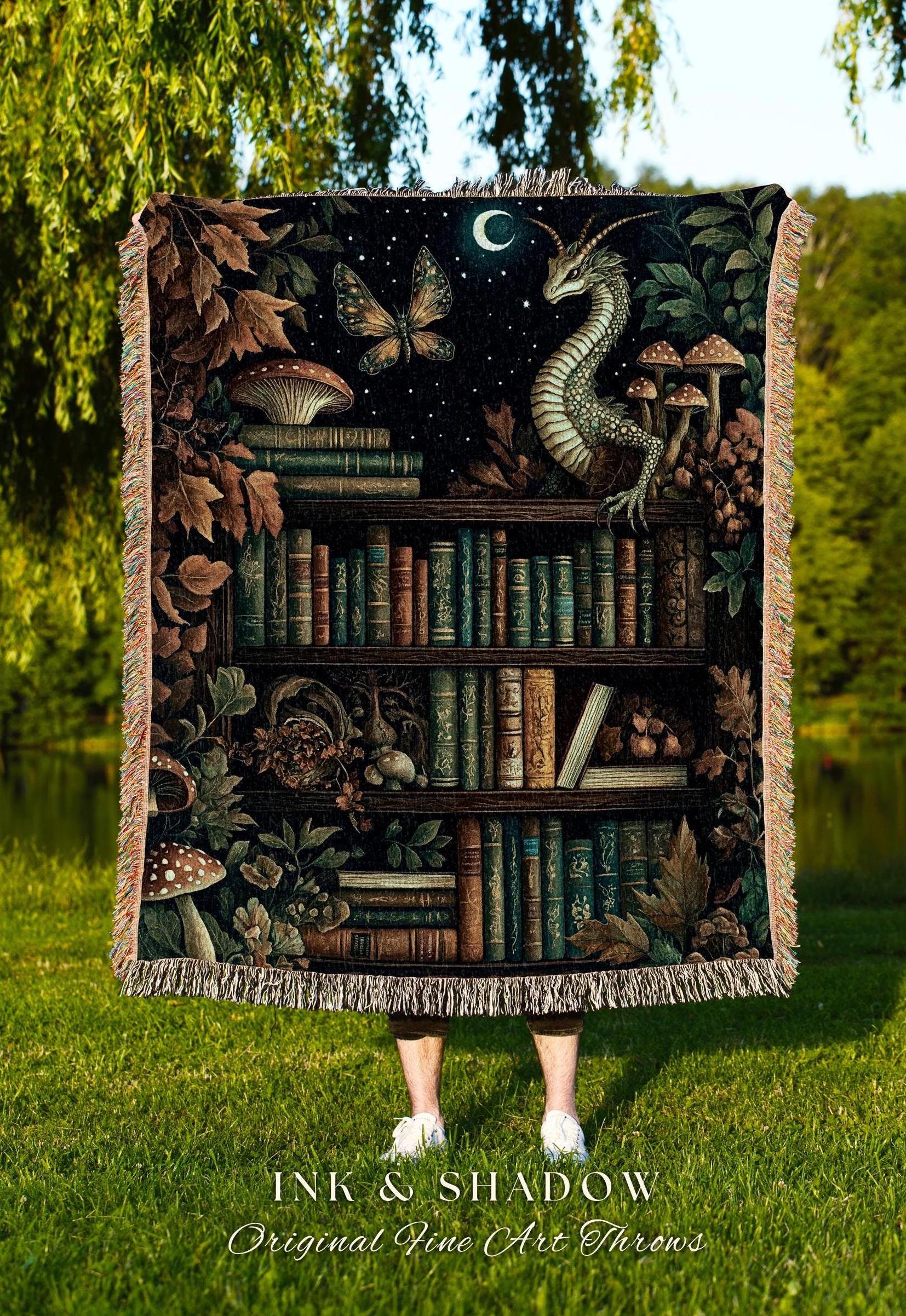 Whimsical Fantasy Bookshelf Enchanted Forest Fairycore Dragon Blanket | Romantic Academia Woodland Fairytale Tapestry Throw Bookish Bedding