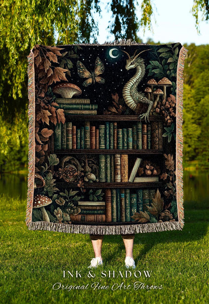 Whimsical Fantasy Bookshelf Enchanted Forest Fairycore Dragon Blanket | Romantic Academia Woodland Fairytale Tapestry Throw Bookish Bedding