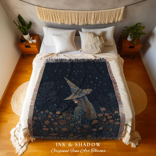 Moody Dark Fairycore Night Witchy Woven Throw Cottagecore Decor | Whimsical Cottagegoth Witch Floral Forestcore Mystic Art Tapestry Blanket
