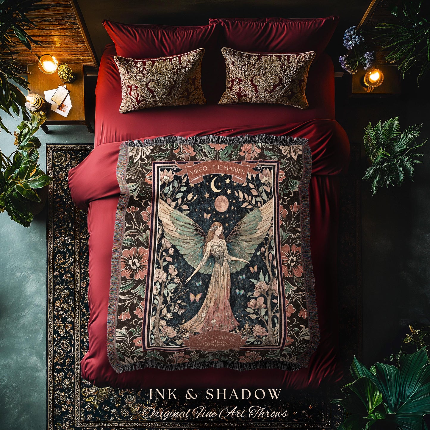 Victorian Nouveau Celestial Fairycore Virgo Zodiac Tapestry Throw | The Maiden Star Sign Dark Cottagecore Astrology Art Mystic Birthday Gift