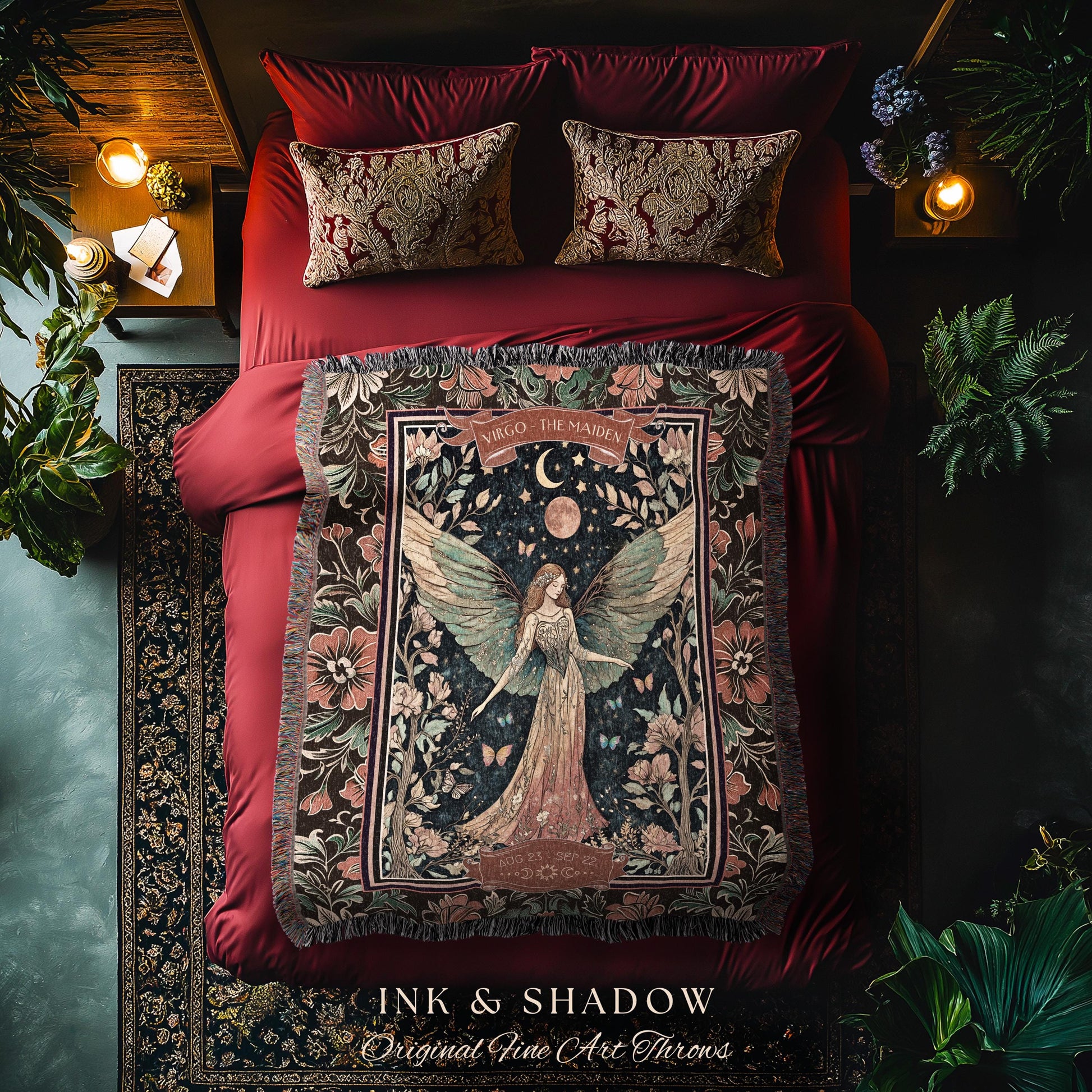 Victorian Nouveau Celestial Fairycore Virgo Zodiac Tapestry Throw | The Maiden Star Sign Dark Cottagecore Astrology Art Mystic Birthday Gift