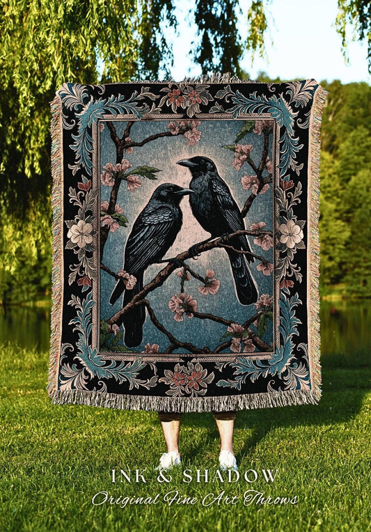 Dark Cottagecore Bird Decor Whimsical Woodland Gothic Raven Tapestry Throw, Academia Whimsigoth Art Crowcore Dusty Blue Enchanted Forestcore