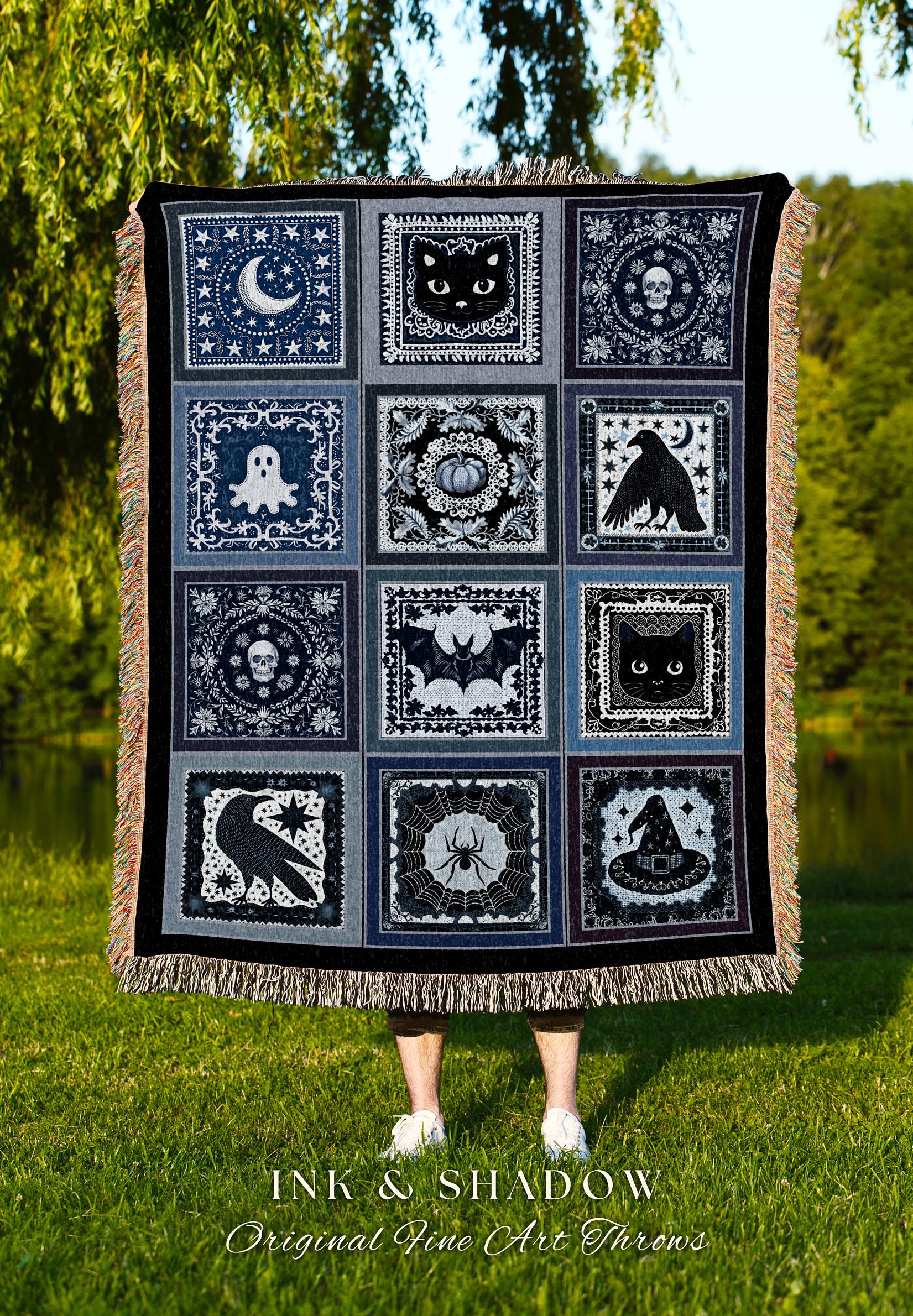 Indigo Blue Gothic Halloween Blanket Witchy Magic Whimsical Unique Spooky Nights Gift Mystic Throw Blanket Cozy Elegance Whimsigoth Decor