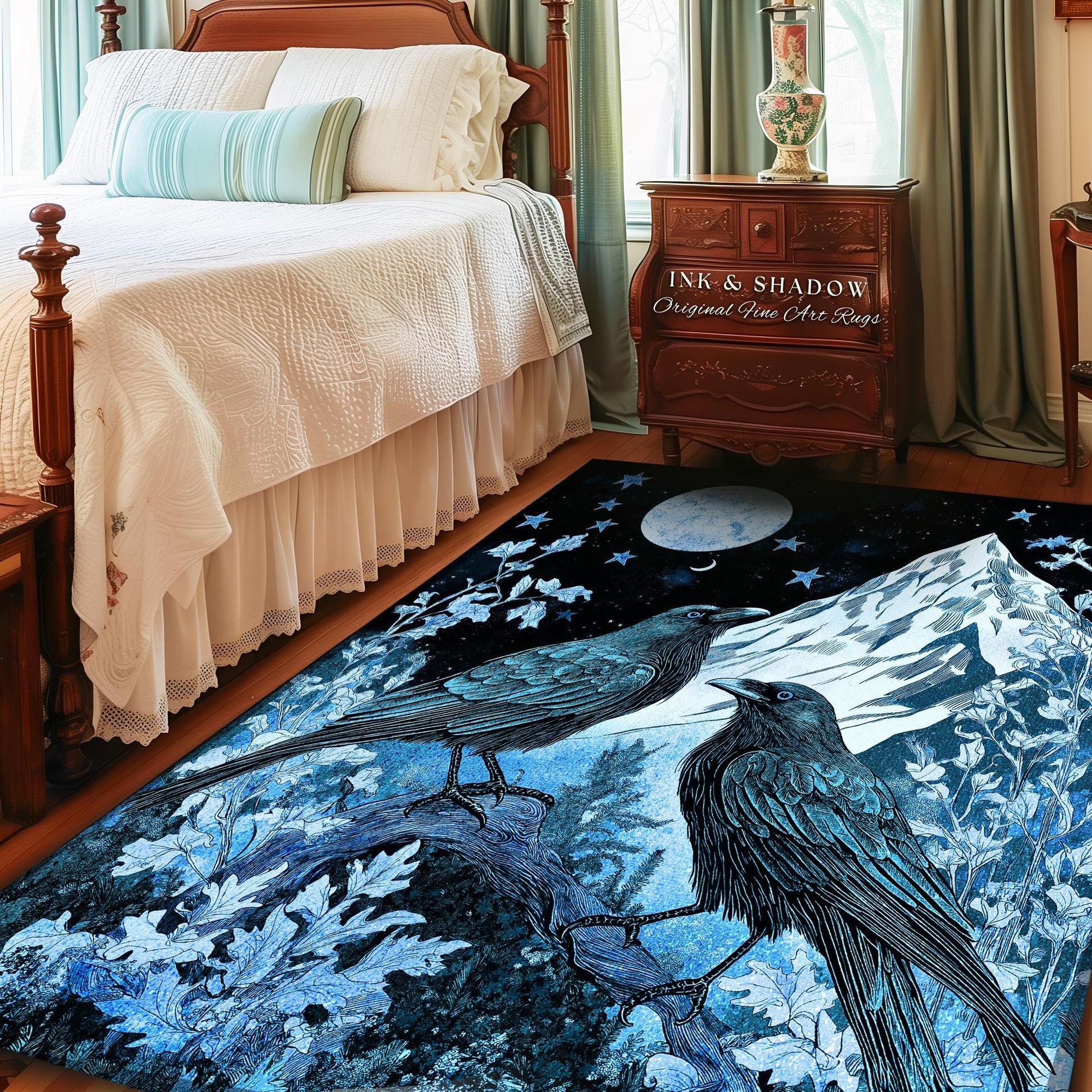 Moody Mountain Crow Accent Rug | Icy Blue Crowcore Gothic Enchantment Area Rug Whimsical Woodland Goblincore Bedroom Raven Magical Theme |
