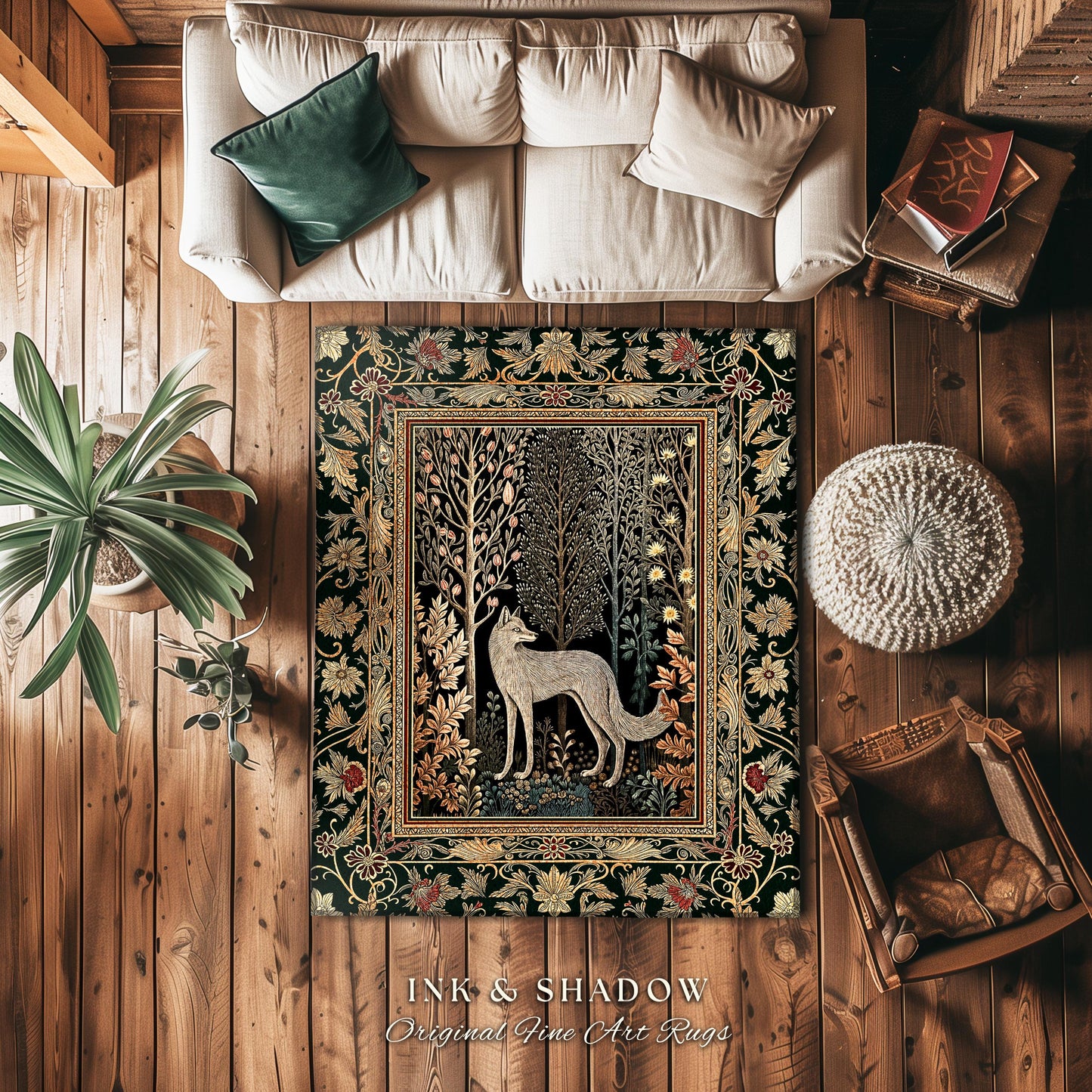 Cozy Hygge Woodland Wolf Area Rug | Elegant Cottagecore Forest Bohemian Room Decor Homey Aesthetic Magical Nature Fairytale Inspired Bedroom