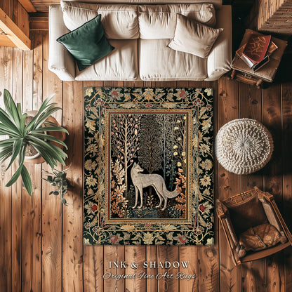 Cozy Hygge Woodland Wolf Area Rug | Elegant Cottagecore Forest Bohemian Room Decor Homey Aesthetic Magical Nature Fairytale Inspired Bedroom