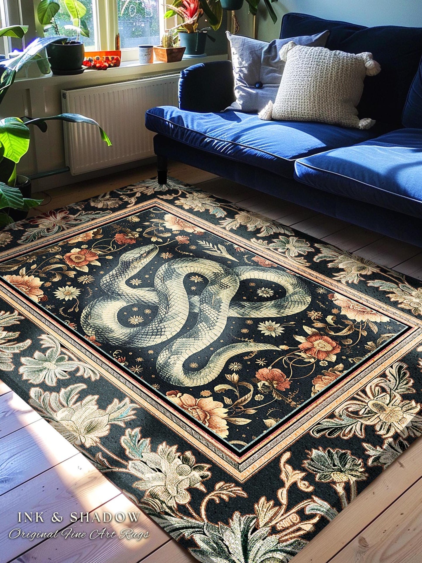 Victorian Gothic Dark Floral Snake Rug Enchanted Forest Art Nouveau Soft Cottagecore Decor | Whimsigoth Whimsical Botanical Serpent Art Rug