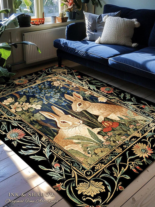 Bunnies in the Woodland Rug | Spring Bunnies Room Decor William Morris Inspired Forest Aesthetic Fairycore Bedroom Floral Bunny Victorian