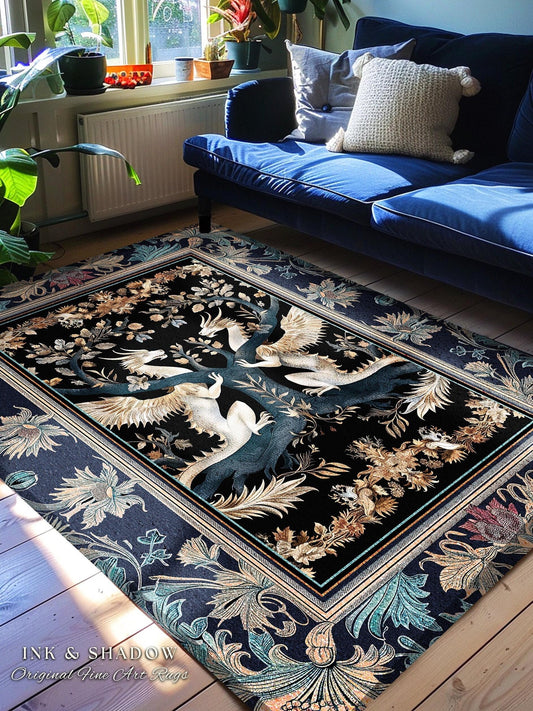 Ethereal Magical Dragon Rug Victorian Gothic Enchanted Forest Scene | Ornate Art Nouveau Baroque Decor Medieval Fantasy Cottagecore Accent