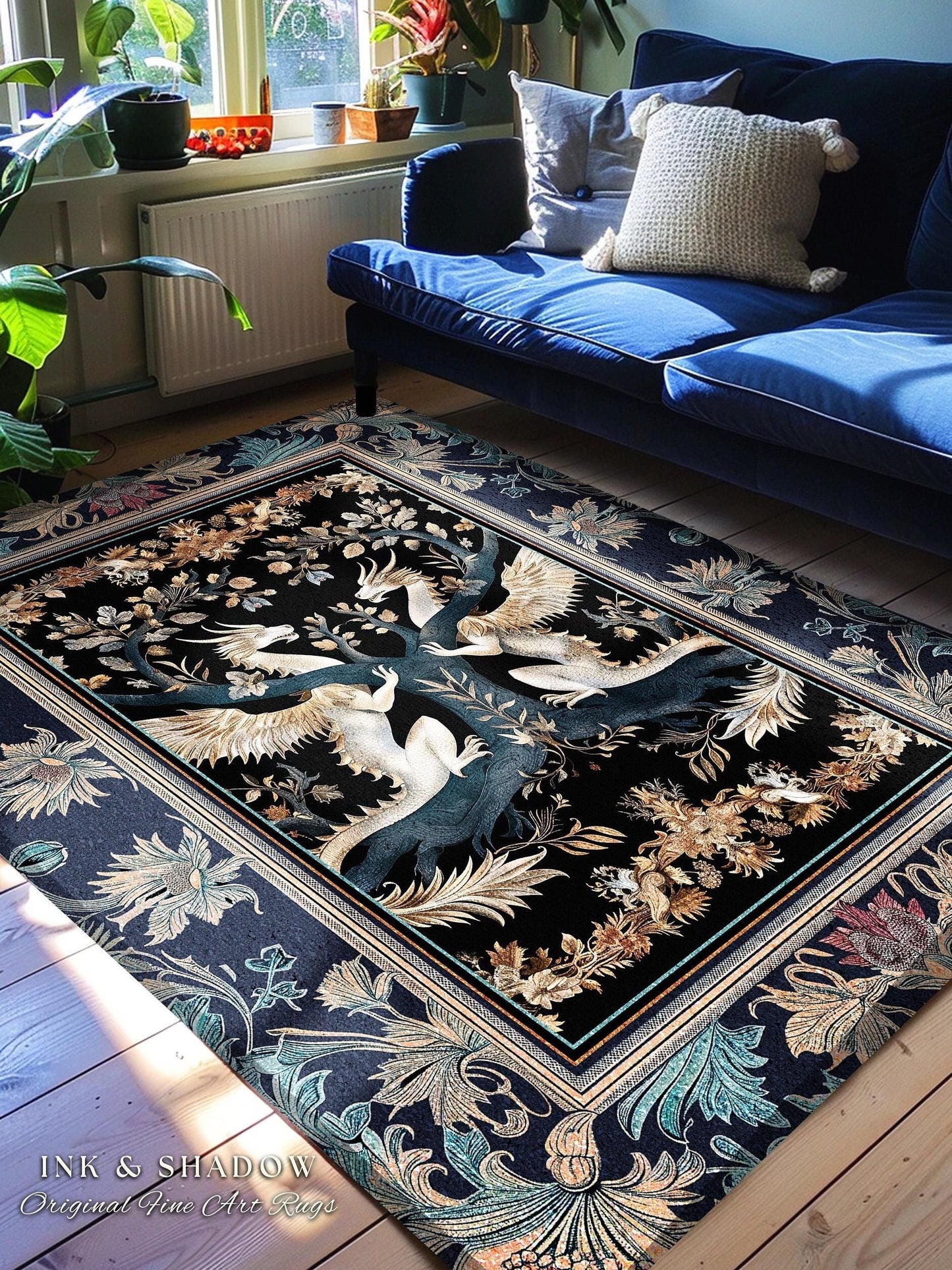 Ethereal Magical Dragon Rug Victorian Gothic Enchanted Forest Scene | Ornate Art Nouveau Baroque Decor Medieval Fantasy Cottagecore Accent