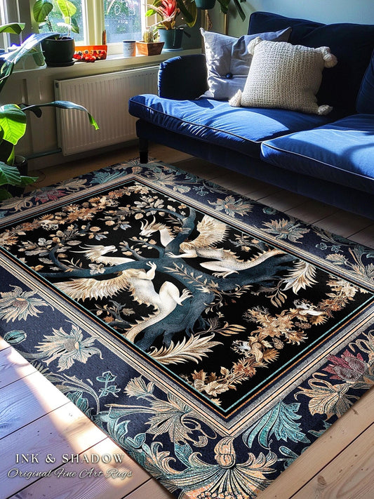 Ethereal Magical Dragon Rug Victorian Gothic Enchanted Forest Scene | Ornate Art Nouveau Baroque Decor Medieval Fantasy Cottagecore Accent