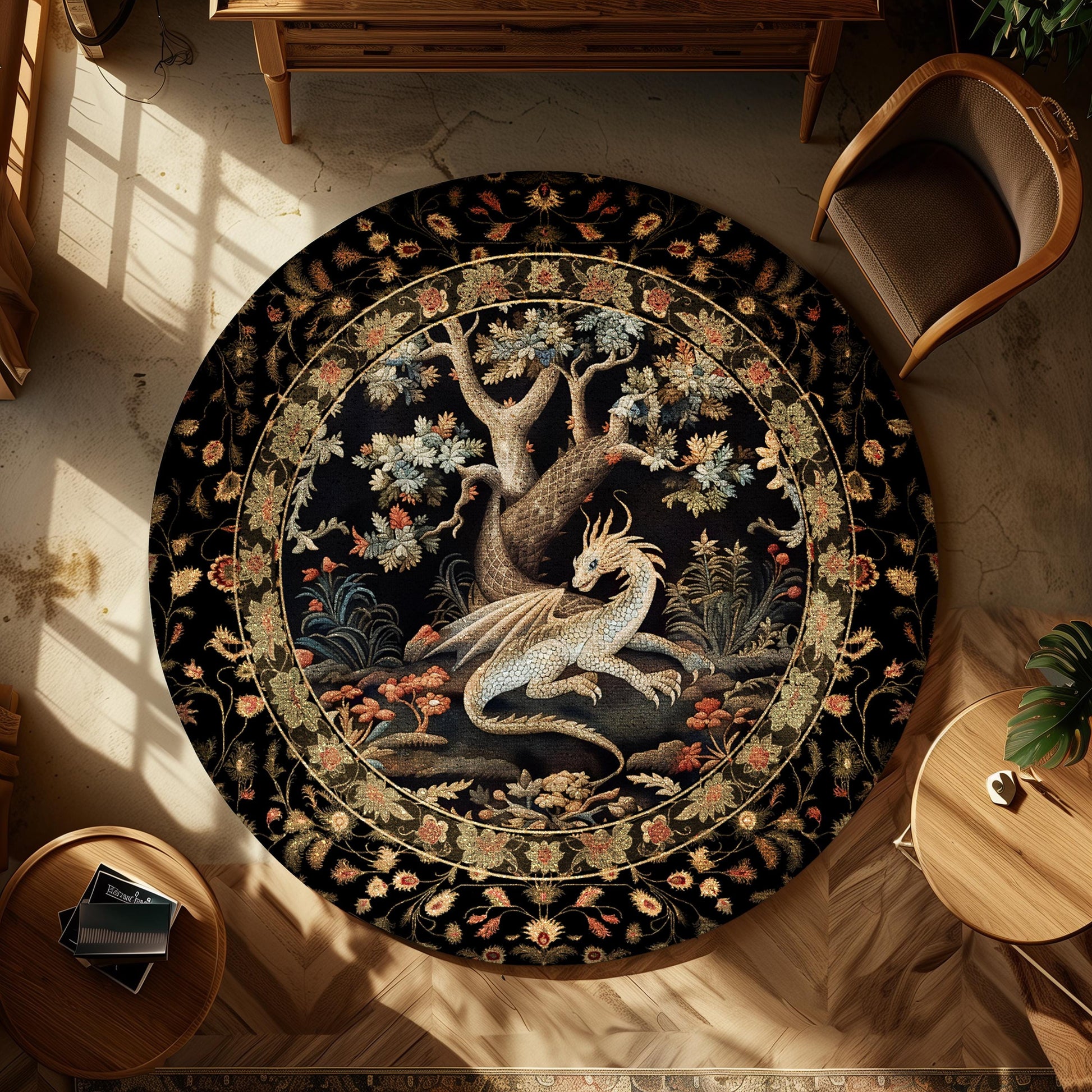 Ethereal Fairytale Inspired Mythical Creature Woodland Decor Mystic Cottagecore Fairycore Botanical Rug, Medieval Aesthetic Round Dragon Rug