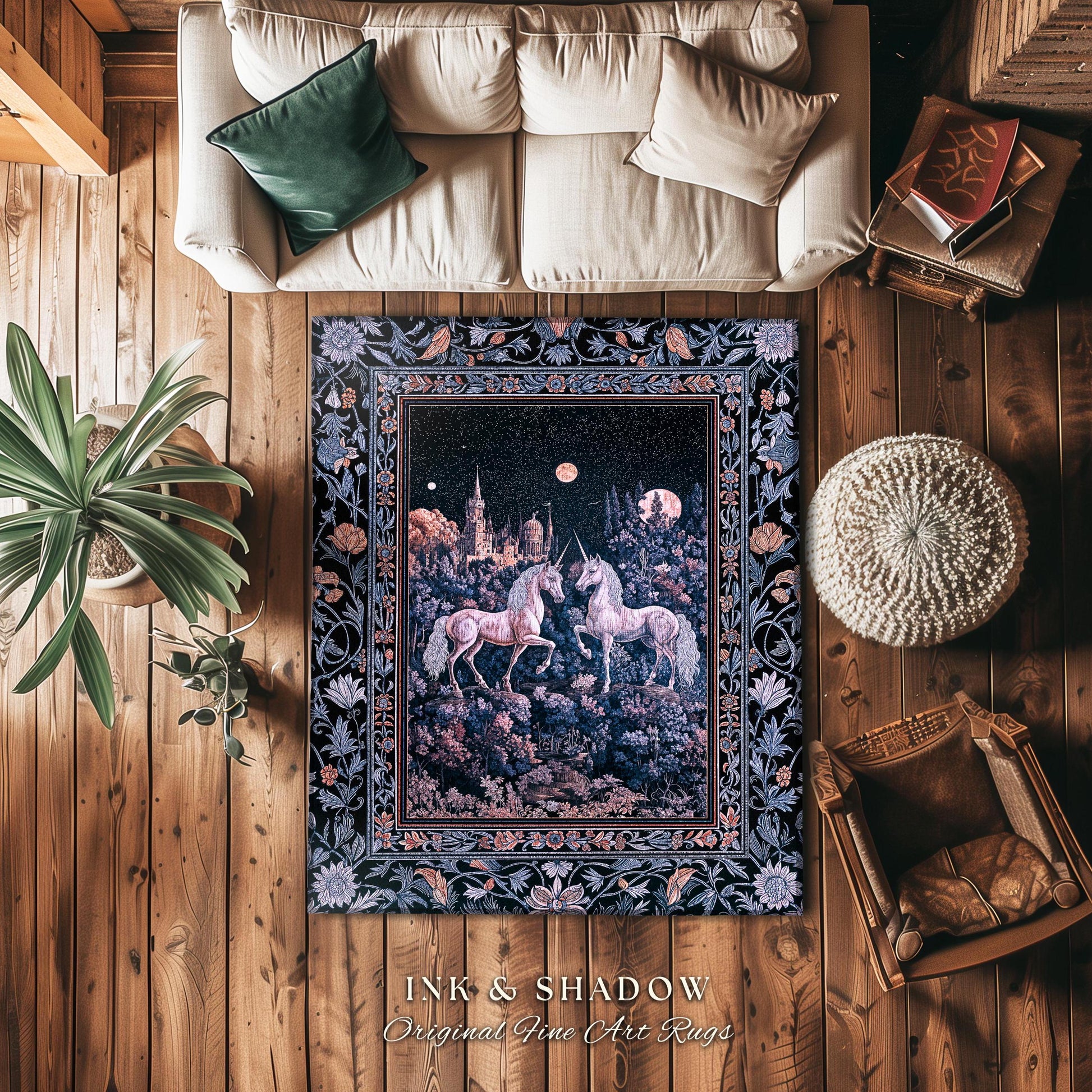 Moody Moonlit Unicorn Accent Rug | Elegant Medieval Florals Lavender Purple Whimsical Folklore Woven Tapestry Blanket Fairytale Area Rug |