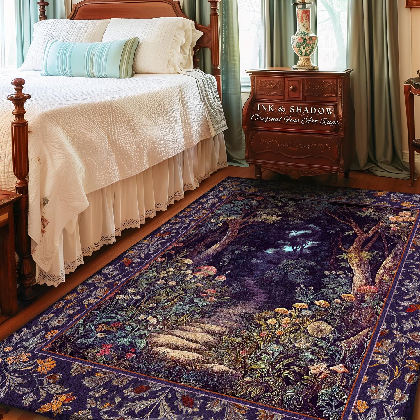 Magical Woodland Mushroom Rug | Fairytale Theme Woodland Botanical Aesthetic Whimsical Home Decor Bedroom Housewarming Gift Purple Woods |