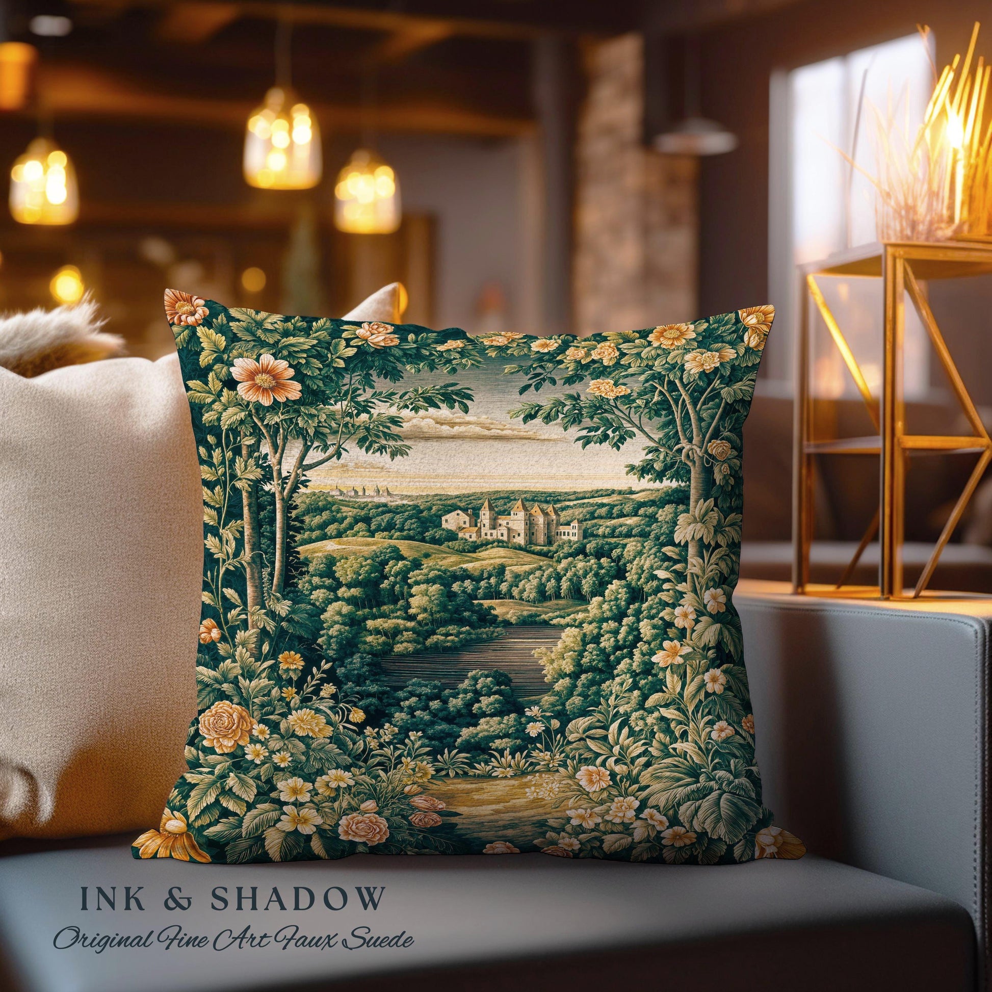 Princess Medieval Woven Throw Pillow | Rustic Floral Landscape Whimsigoth Castle Ethereal Bedroom Tapestry Cushion Woodland Gothic Romantic