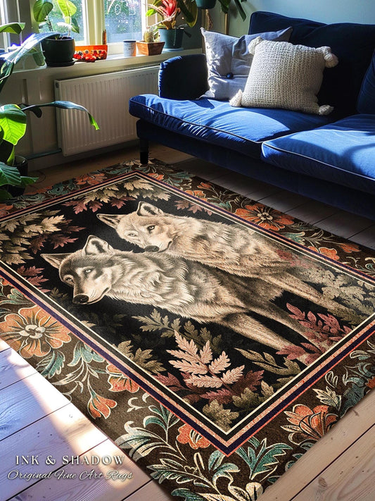 Victorian Gothic Wolf Rug Dark Enchanted Forest Antique Baroque Aesthetic, Whimsical Woodland Wolves Art Medieval Inspired Cottagecore Decor