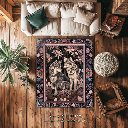 Mystic Wolf Woodland Gothic Rug Enchanted Forest Wolves Nature Art | Victorian Dark Cottagecore Vintage Botanical Aesthetic Whimsical Accent