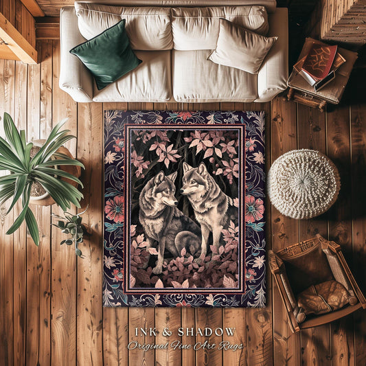 Mystic Wolf Woodland Gothic Rug Enchanted Forest Wolves Nature Art | Victorian Dark Cottagecore Vintage Botanical Aesthetic Whimsical Accent