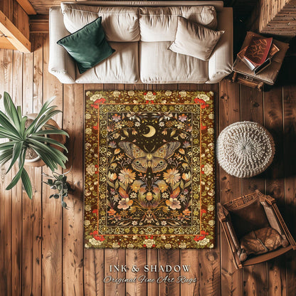 Vintage Floral Woodland Gothic Moth Moon Celestial Rug Rustic Country Cottage, Mystic Fairycore Shabby Chic Butterfly Botanical Cottagecore