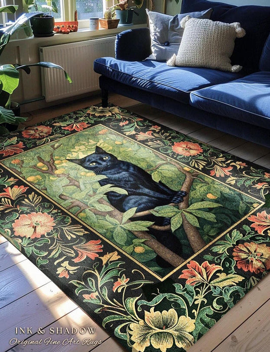 Black Cat Botanical Rug | Dark Floral Bedroom Decor William Morris Inspired Cottagecore Reading Corner Rug Dark Fairycore Room Woodland Art