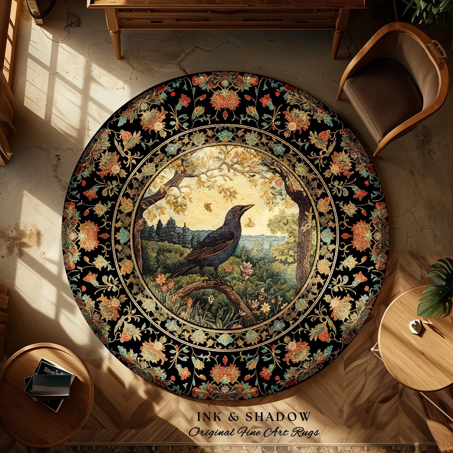 Victorian Gothic Round Raven Rug Morris Inspired Cottagecore Aesthetic | Woodland Fairycore Bedroom Black Crow Forestcore Home Decor Whimsy