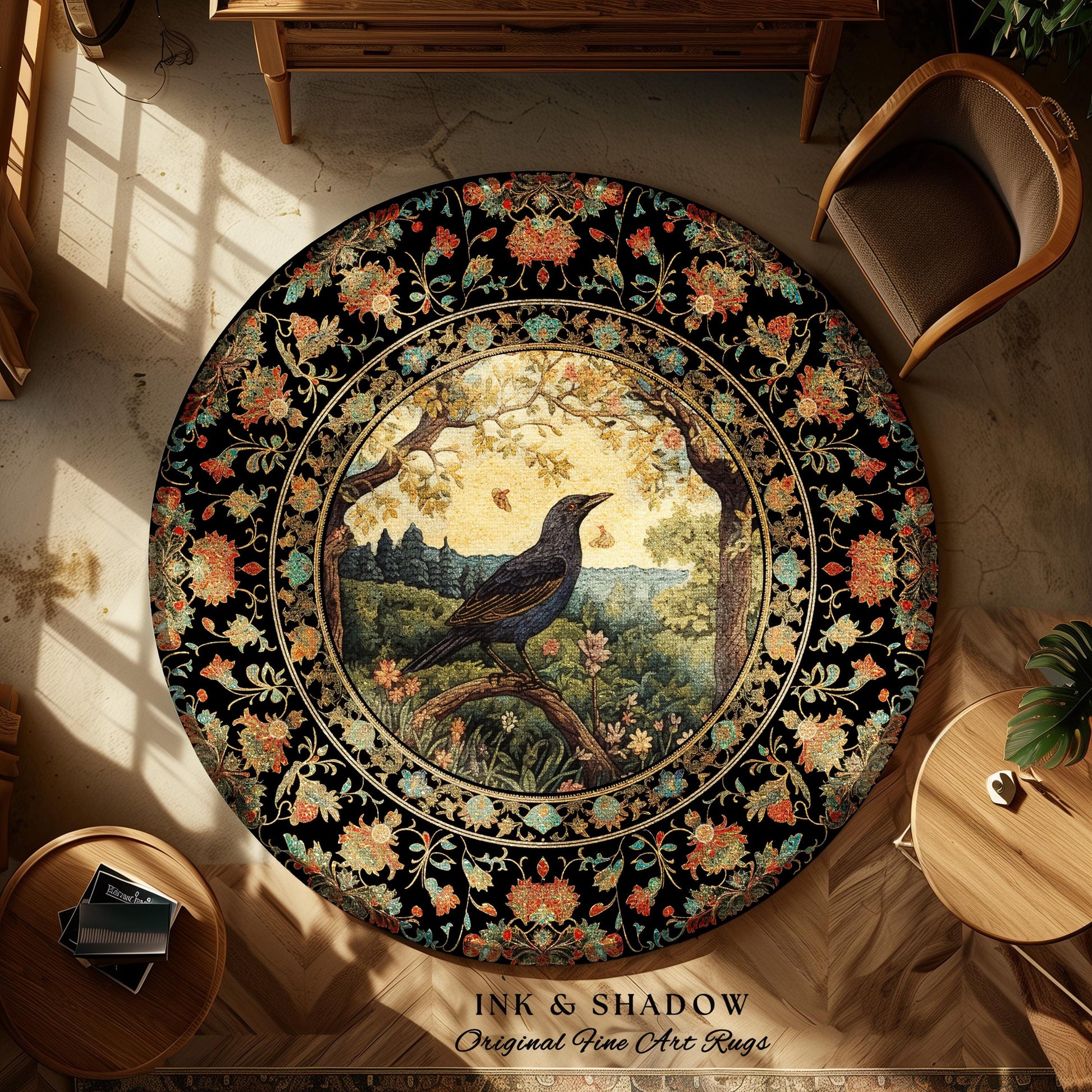 Victorian Gothic Round Raven Rug Morris Inspired Cottagecore Aesthetic | Woodland Fairycore Bedroom Black Crow Forestcore Home Decor Whimsy