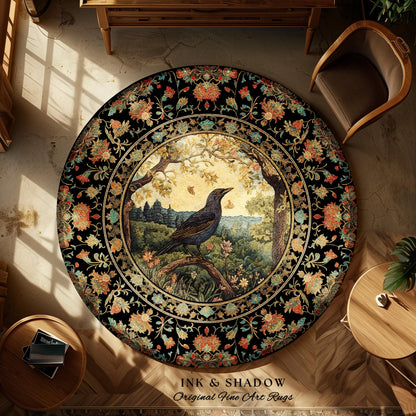 Victorian Gothic Round Raven Rug Morris Inspired Cottagecore Aesthetic | Woodland Fairycore Bedroom Black Crow Forestcore Home Decor Whimsy