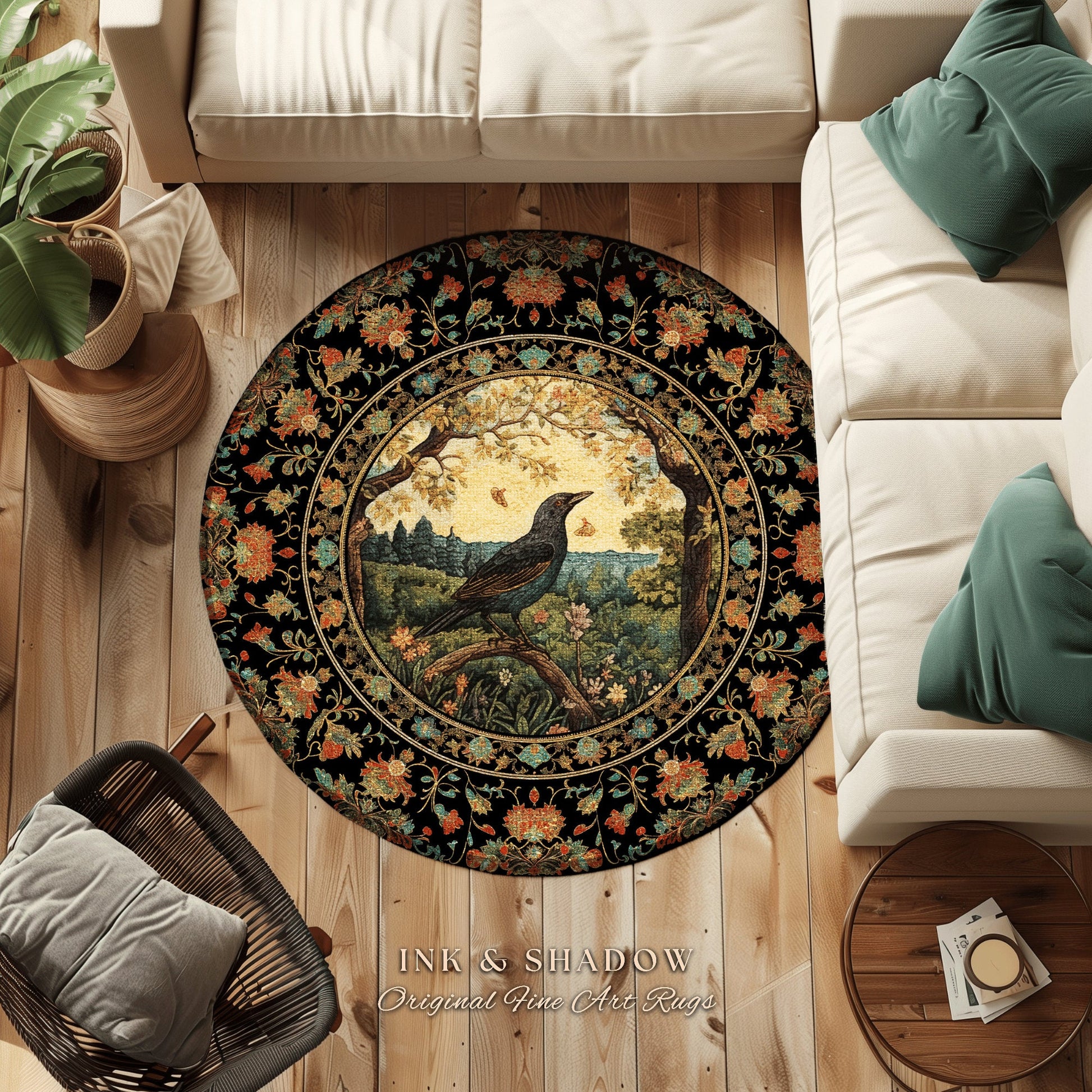 Victorian Gothic Round Raven Rug Morris Inspired Cottagecore Aesthetic | Woodland Fairycore Bedroom Black Crow Forestcore Home Decor Whimsy
