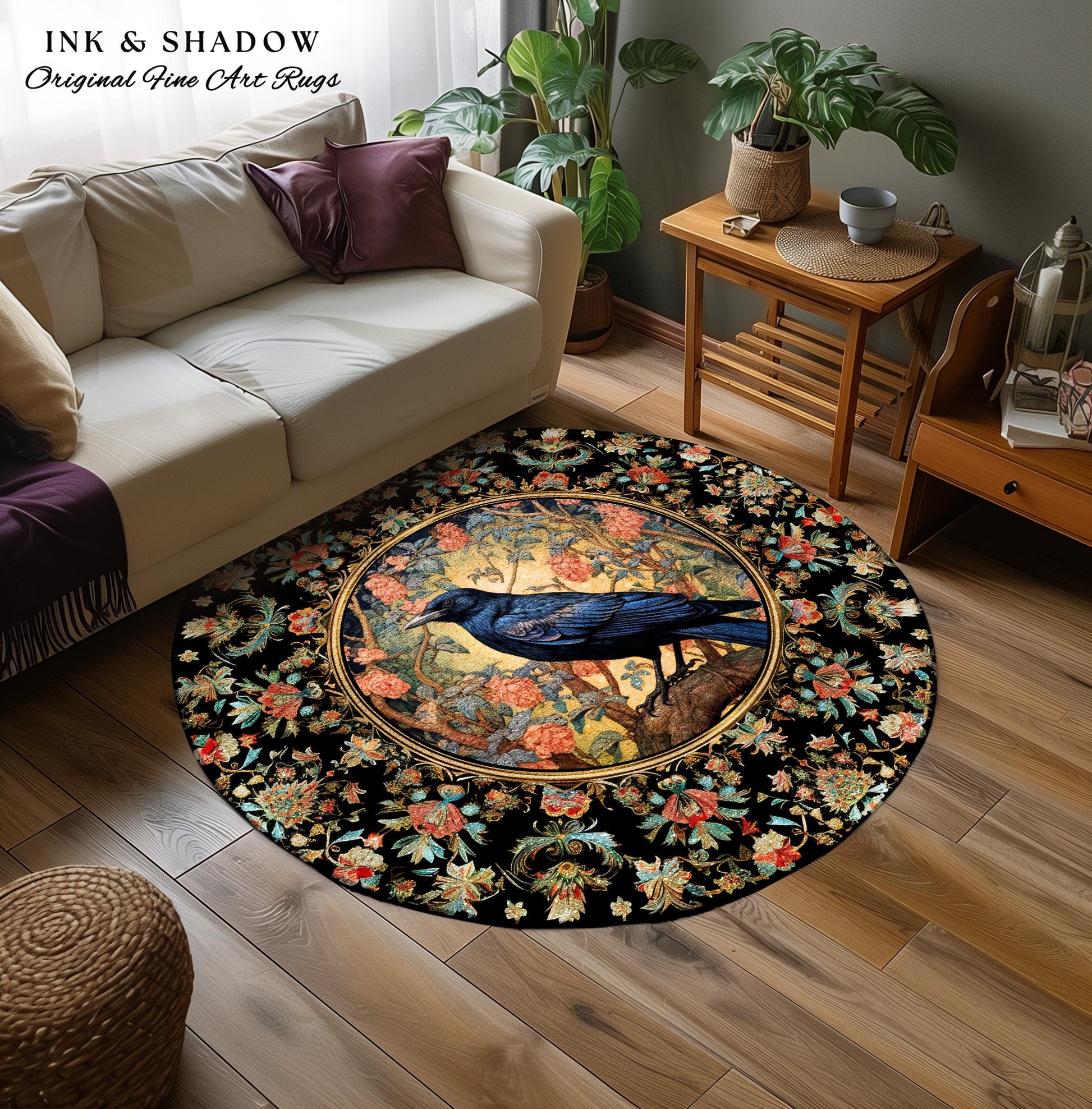 Whimsical Raven Rug Dark Floral Boho Fairycore Decor | Dark Cottagecore Crow Rug Forestcore Which Aesthetic Woodland Gothic Crowcore Decor