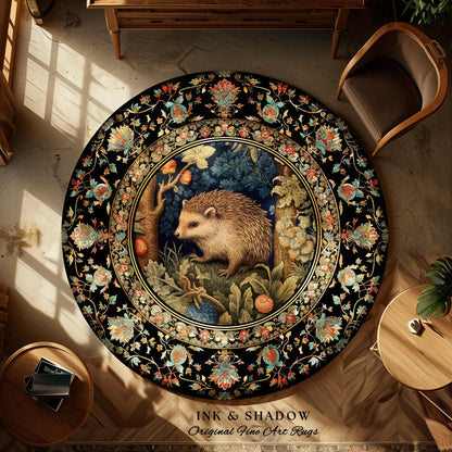 Hedge Hog Lover Botanical Rug | Forestcore Decor Cottagecore Reading Corner Accent Rug Dark Fairycore Room Mystical Woodland Hedgehog Gift |