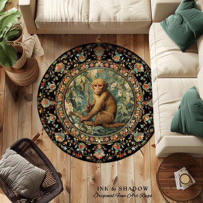 Boho Gothic Monkey Botanical Rug Room Decor Goth Cottagecore Aesthetic | Dark Forest Fairycore Grunge Room Decor Animals Round Bohemian Rug