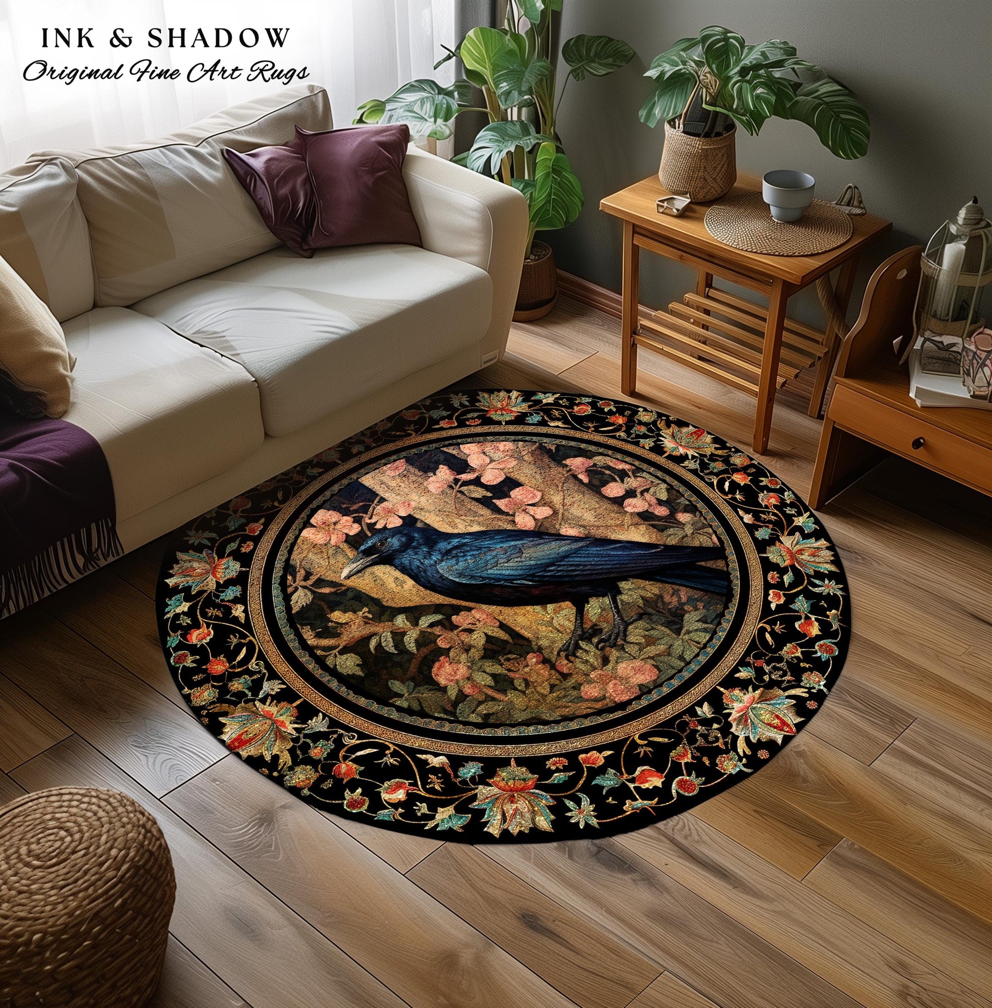 Crowcore Area Rug | Woodland Gothic Room Decor William Morris Inspired Cottagecore Aesthetic Dark Fairycore Bedroom Black Crow Raven