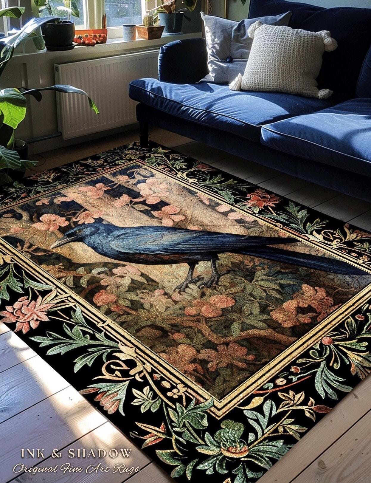 Crowcore Area Rug | Woodland Gothic Room Decor William Morris Inspired Cottagecore Aesthetic Dark Fairycore Bedroom Black Crow Raven