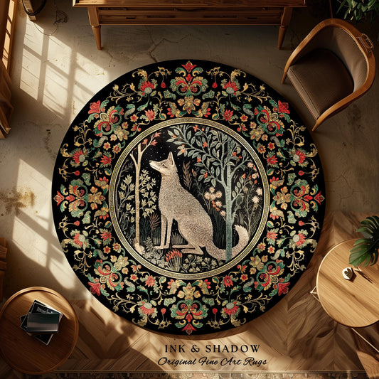 Boho Scandi Round Wolf Rug Woodland Theme Decor Morris Inspired Floral Cottagecore | Fairycore Scandinavian Danish Dark Pastel Wolf Art Rug