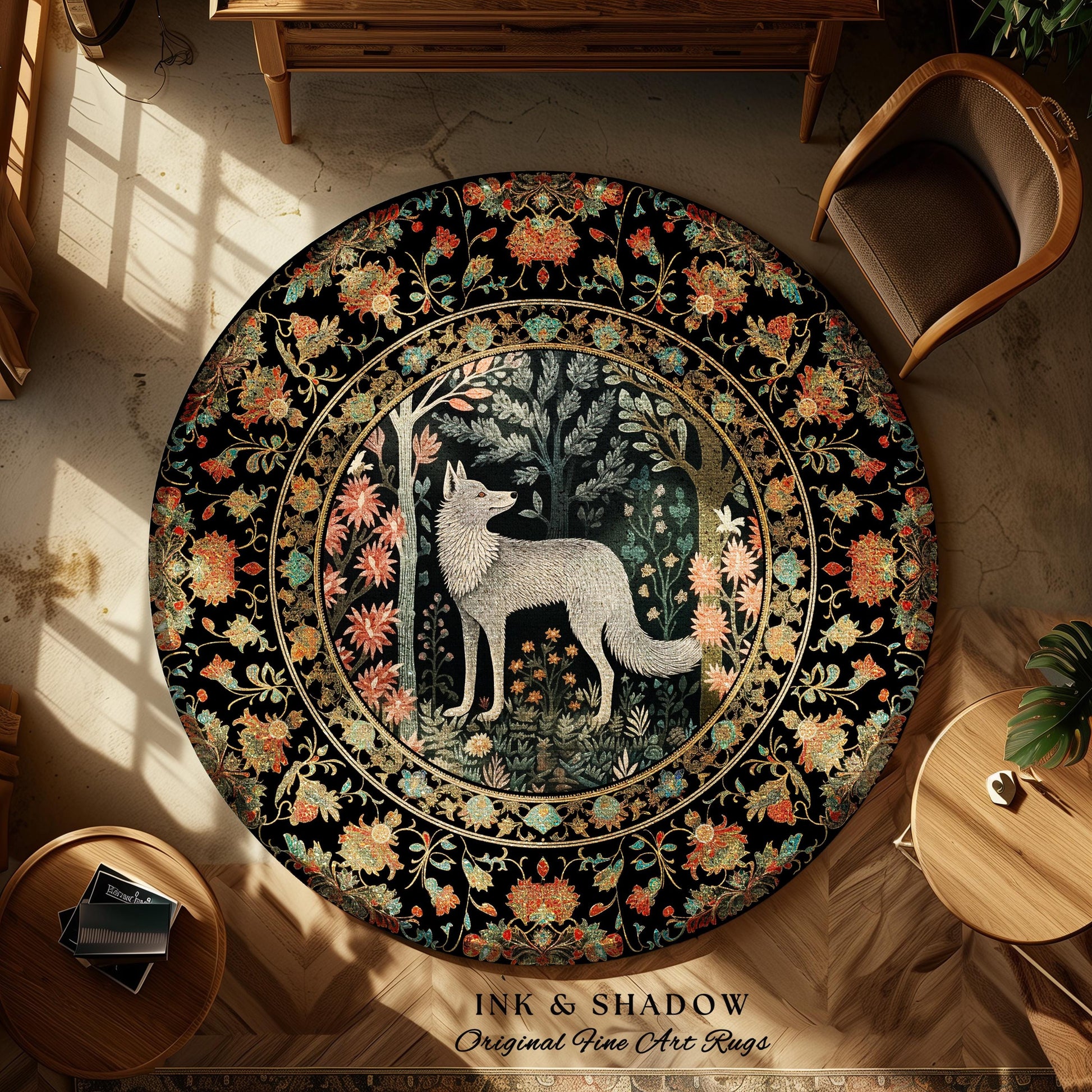 Woodland Floral Scandi Round Wolf Rug Morris Inspired Forest Cottagecore | Fairycore Bedroom Magical Nature Whimsical Scandinavian Wolf Rug
