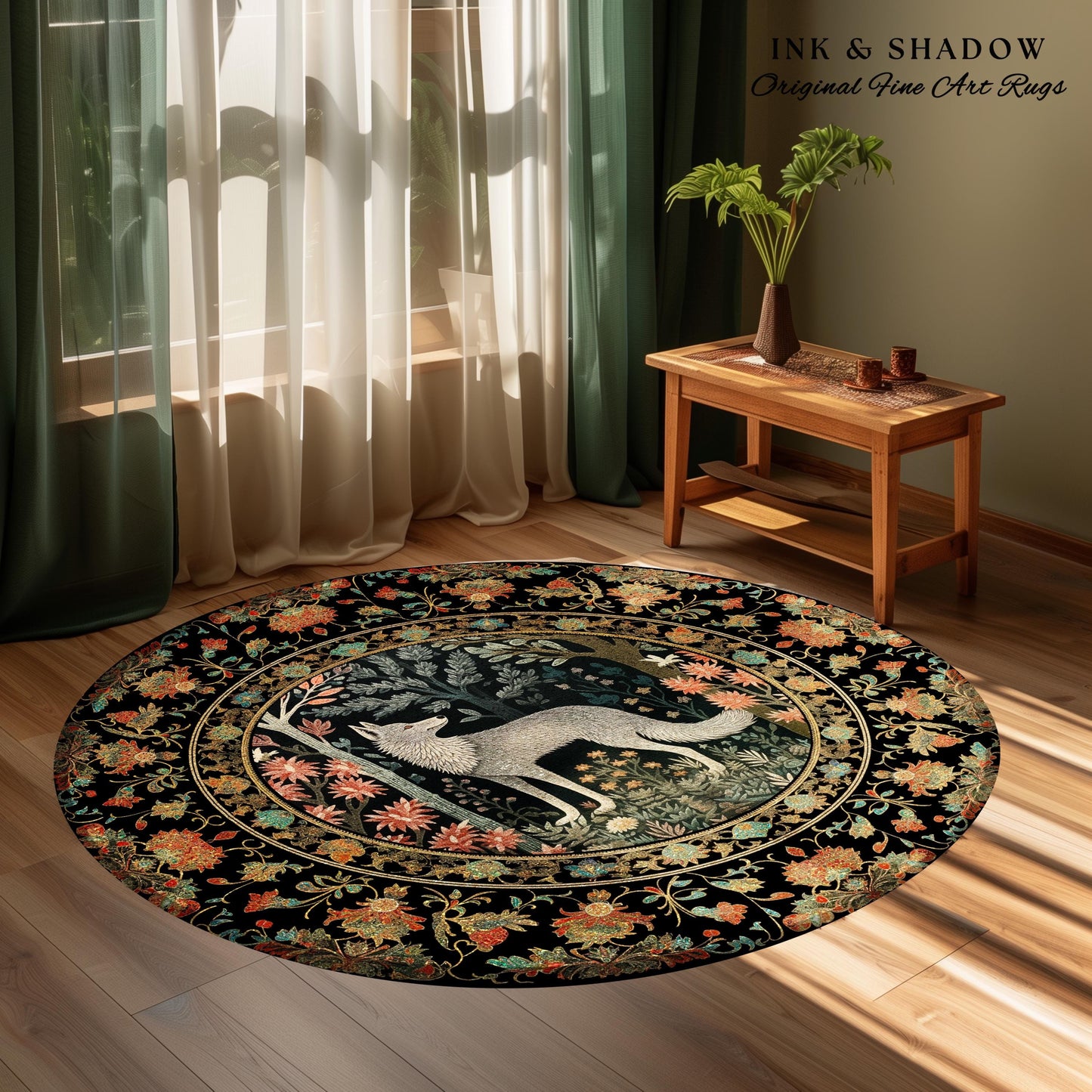 Woodland Floral Scandi Round Wolf Rug Morris Inspired Forest Cottagecore | Fairycore Bedroom Magical Nature Whimsical Scandinavian Wolf Rug