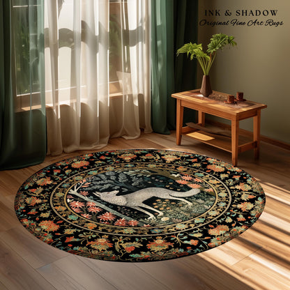 Woodland Floral Scandi Round Wolf Rug Morris Inspired Forest Cottagecore | Fairycore Bedroom Magical Nature Whimsical Scandinavian Wolf Rug