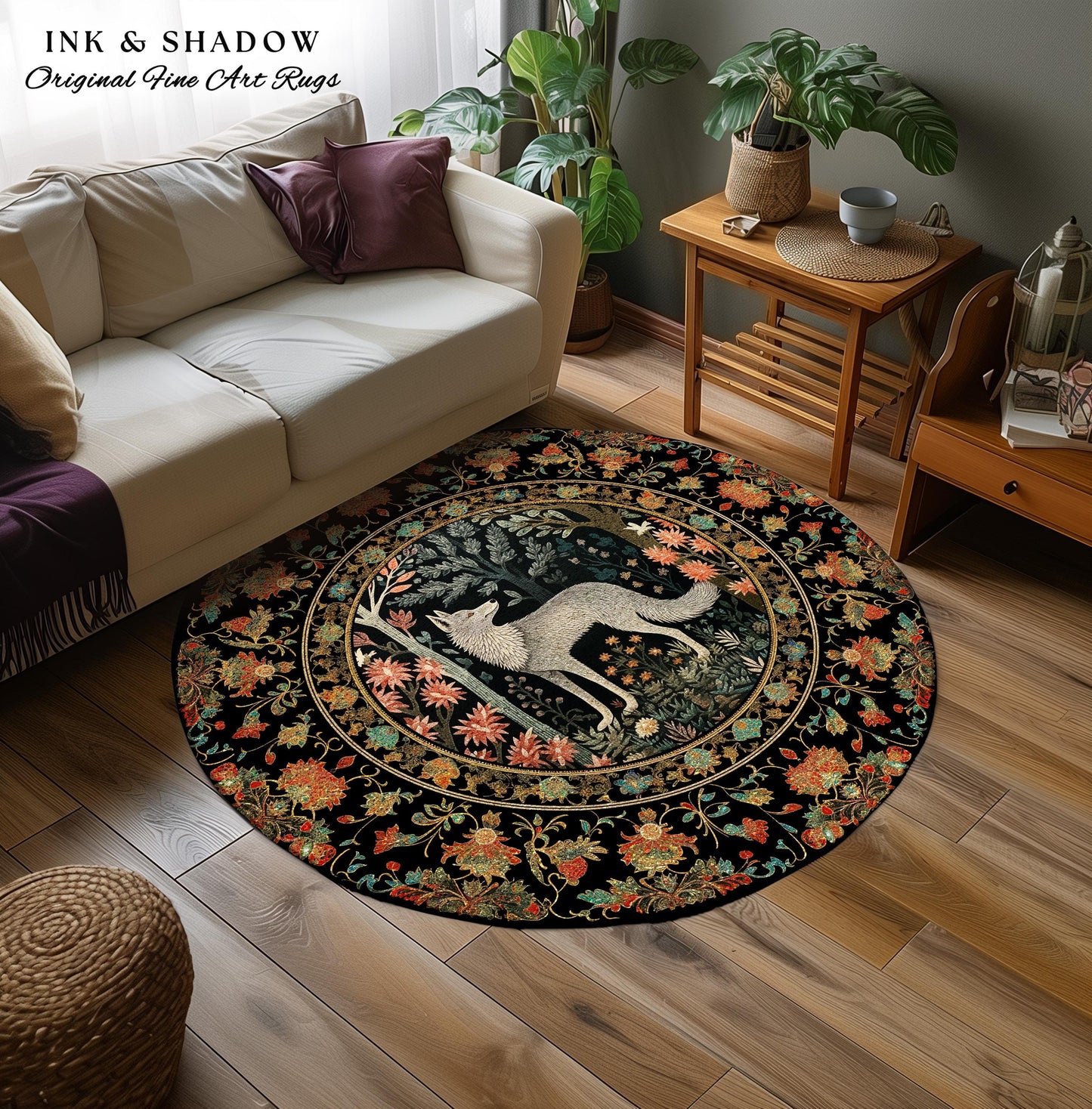 Woodland Floral Scandi Round Wolf Rug Morris Inspired Forest Cottagecore | Fairycore Bedroom Magical Nature Whimsical Scandinavian Wolf Rug