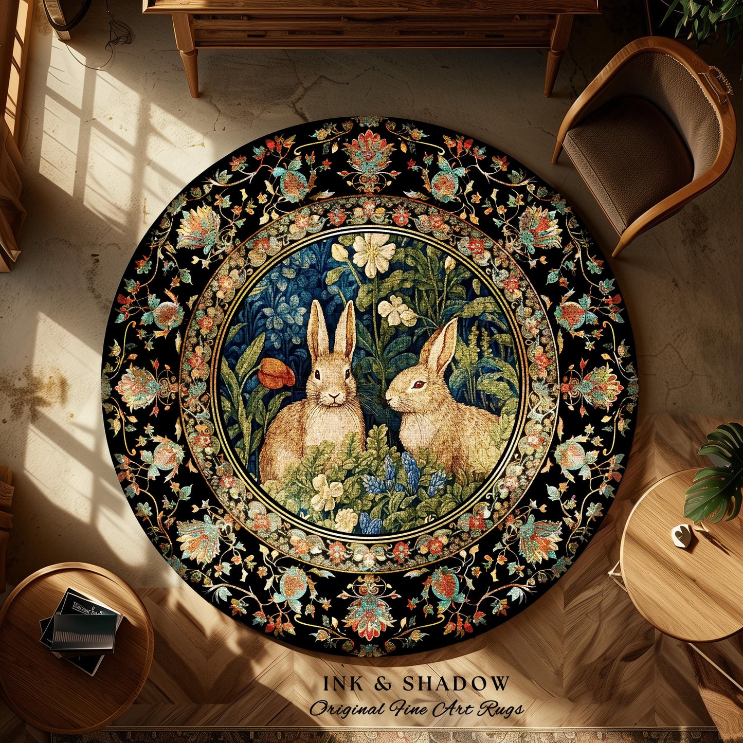 Woodland Fairycore Floral Round Rabbits Rug Morris Inspired Forest Fairycore | Botanical Bunny Victorian Cottagecore Bunnies Spring Art Rug
