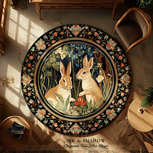Cottagecore Spring Floral Round Rug Morris Inspired Forest Aesthetic | Fairycore Bedroom Decor Victorian Whimsical Woodland Bunnies Art Rug