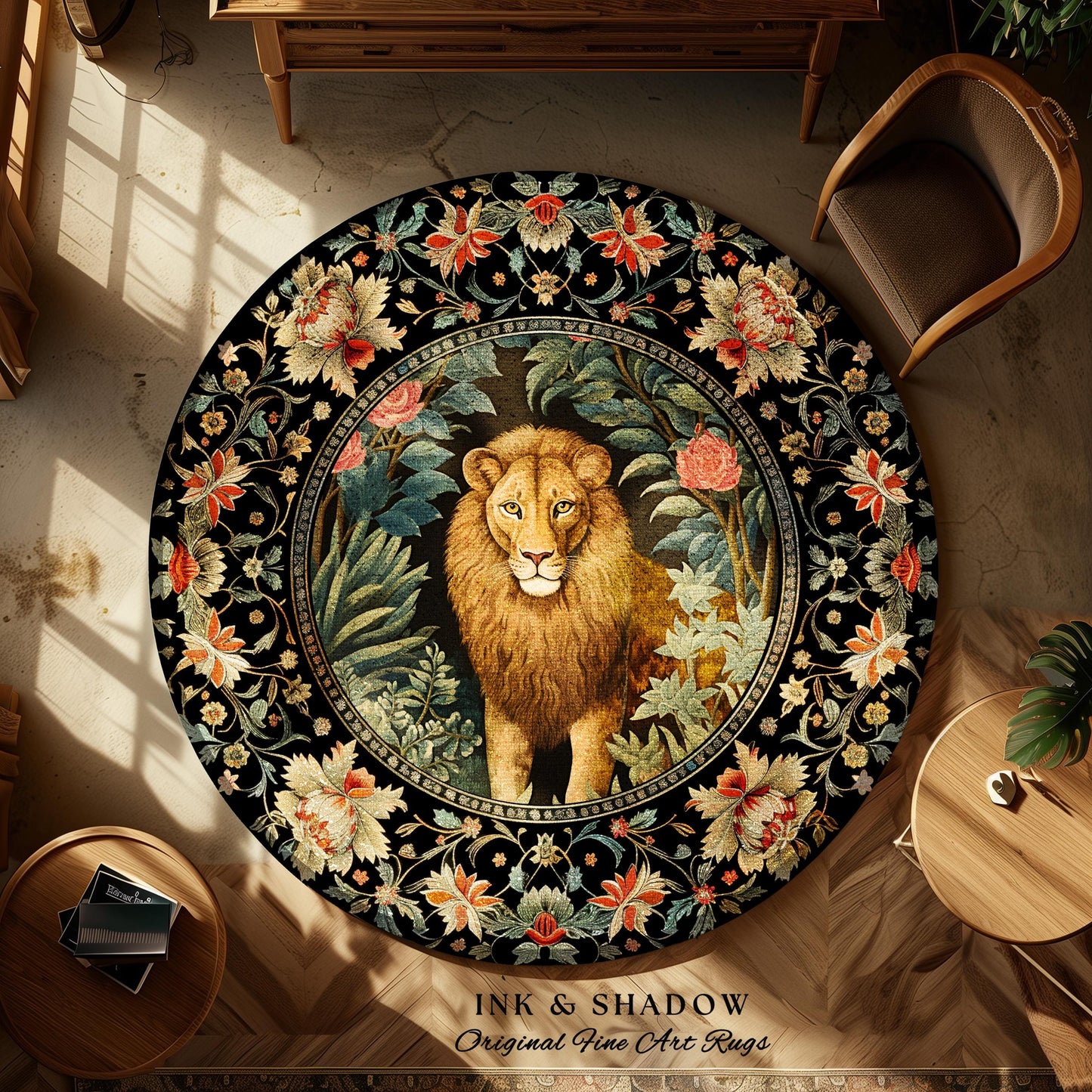 Mystic Jungle Rug | Rainforest Themed Room Decor William Morris Style Aesthetic Fairycore Boho Bedroom Rug Jungle Lion Floral Botanical
