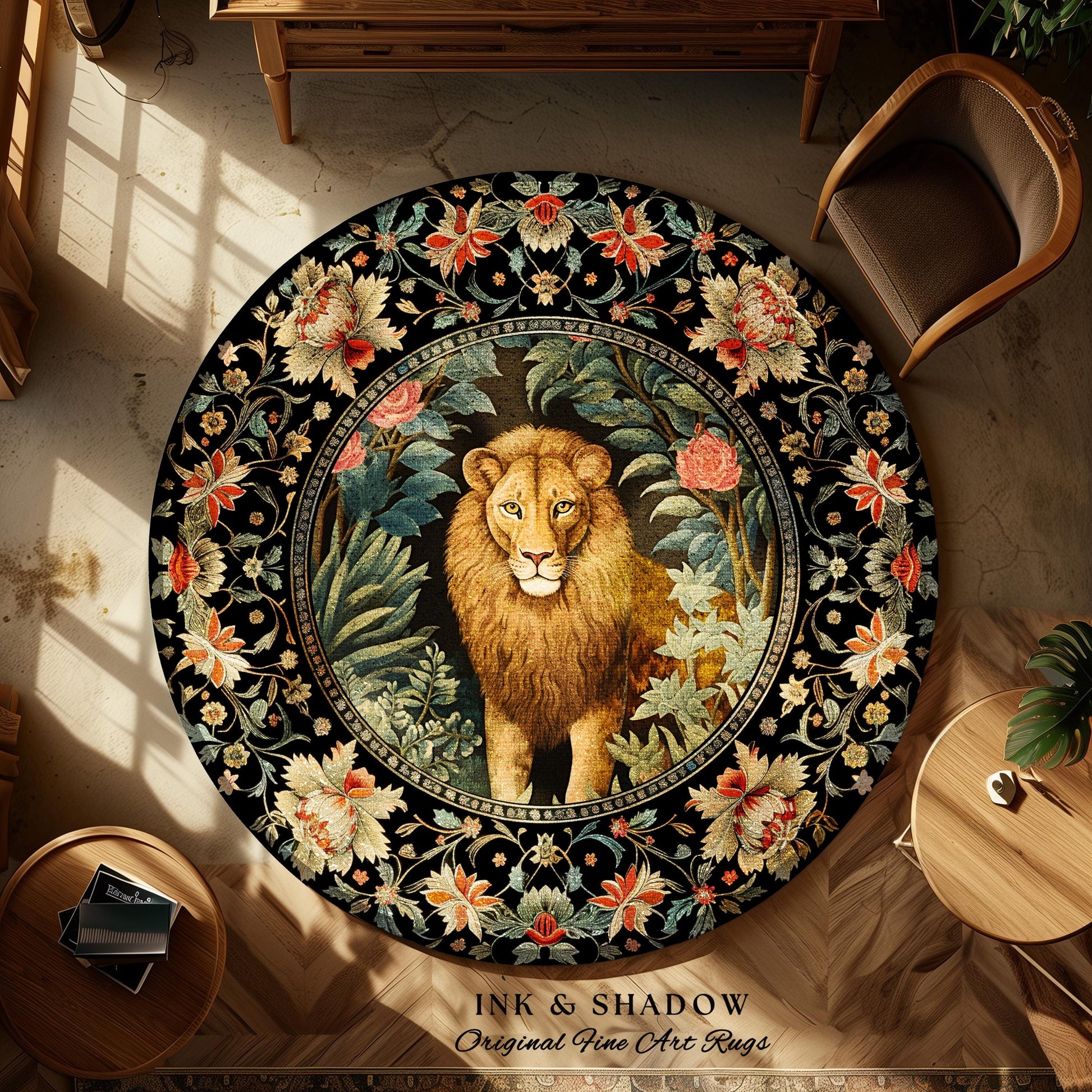 Mystic Jungle Rug | Rainforest Themed Room Decor William Morris Style Aesthetic Fairycore Boho Bedroom Rug Jungle Lion Floral Botanical