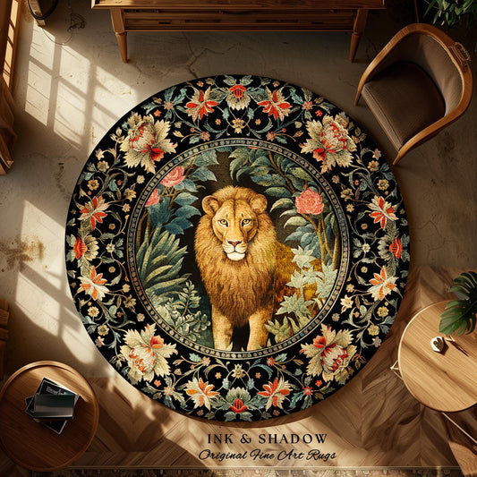 Dark Floral Round Lion Rug Whimsical Botanical Dark Cottagecore Art Decor | Boho Fairycore Jungle Decor Boho Lion Gothic Victorian Aesthetic