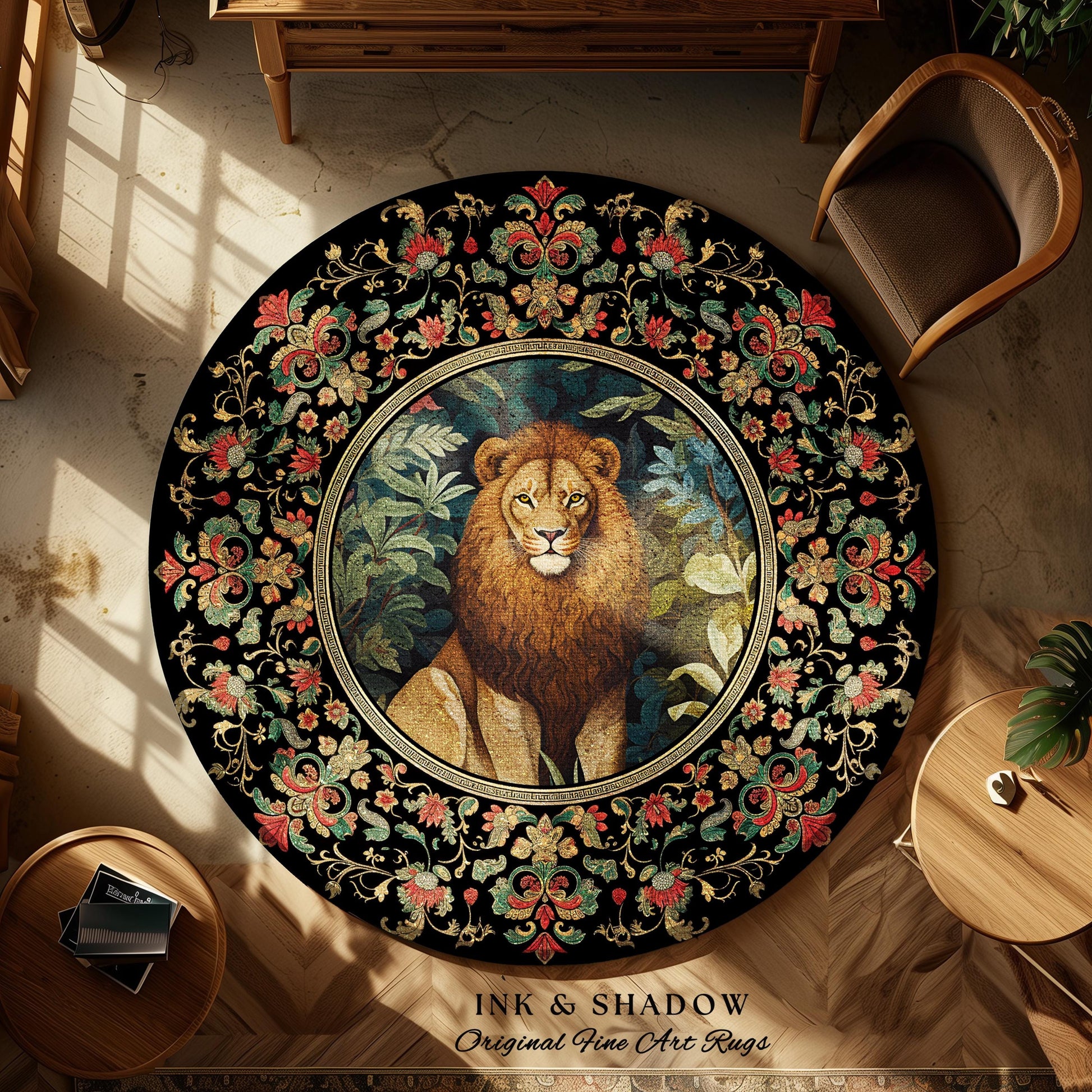 Lion Area Rug Botanical | Nature Inspired Room Decor William Morris Style Aesthetic Fairycore Boho Bedroom Rug Jungle Leopard Dark Floral