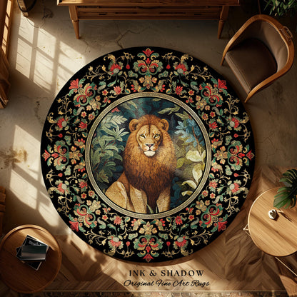 Lion Area Rug Botanical | Nature Inspired Room Decor William Morris Style Aesthetic Fairycore Boho Bedroom Rug Jungle Leopard Dark Floral