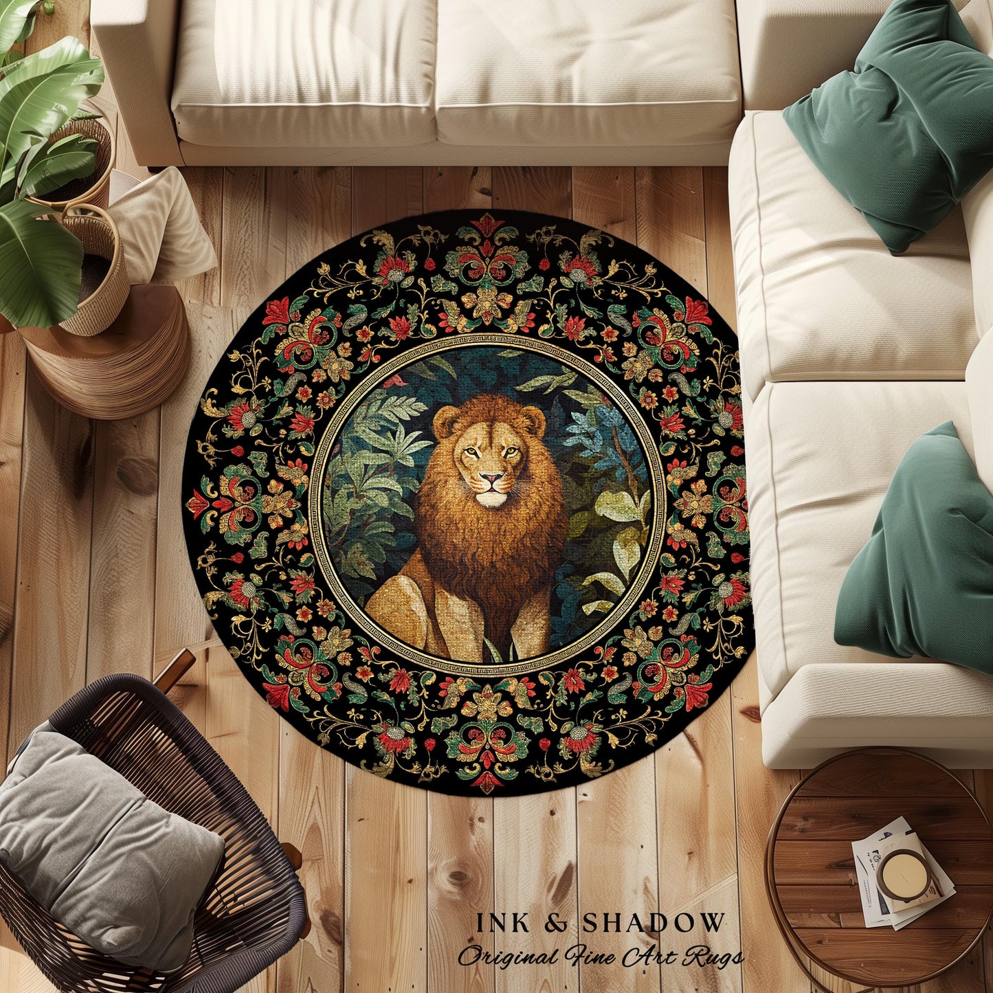 Lion Area Rug Botanical | Nature Inspired Room Decor William Morris Style Aesthetic Fairycore Boho Bedroom Rug Jungle Leopard Dark Floral
