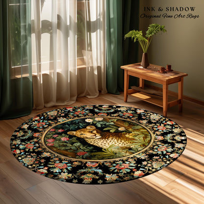 Whimsigoth Dark Floral Round Leopard Rug Dark Academia Decor | Maximalist Aesthetic Vintage Botanical Animal Lovers Cottagecore Jungle Decor